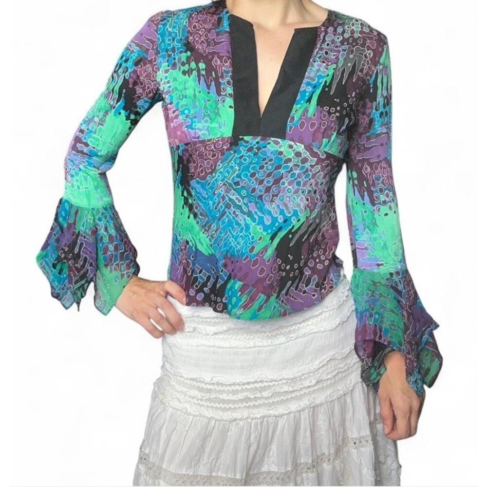 Vintage 80s Diane Von Furstenberg Silk Multicolored Fairy Top Bell Sleeves Sz 8